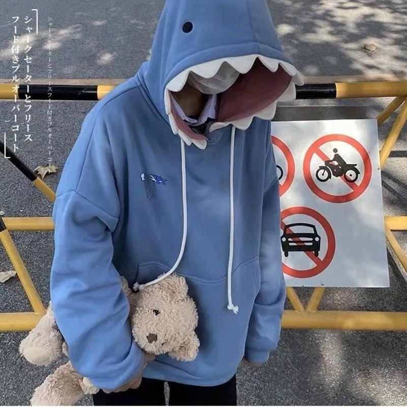 Joskaa EOENKKY Funny Shark Patchwork Hoodies Women Autumn Kawaii Sweatshirt Oversized 2024 Casual Long Sleeve Pullover Woman Sweatshirt