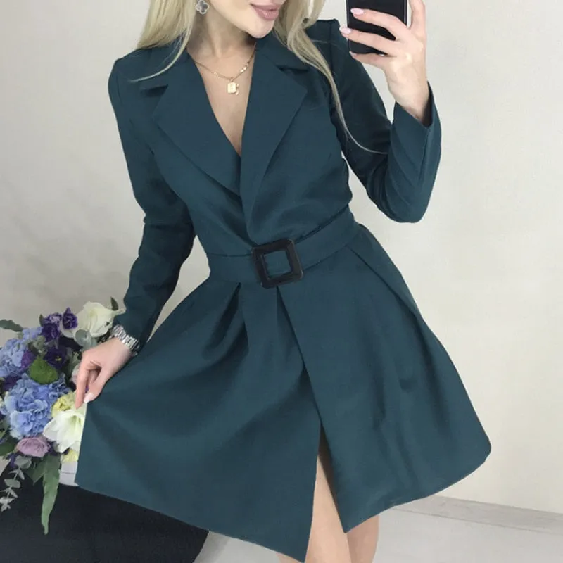 Joskaa hoco dresses Office Lady Button Slim Bodycon Dress Women Elegant Deep V-Neck Chain Patchwork Party Dress Autumn Sexy Long Sleeve Formal Dress