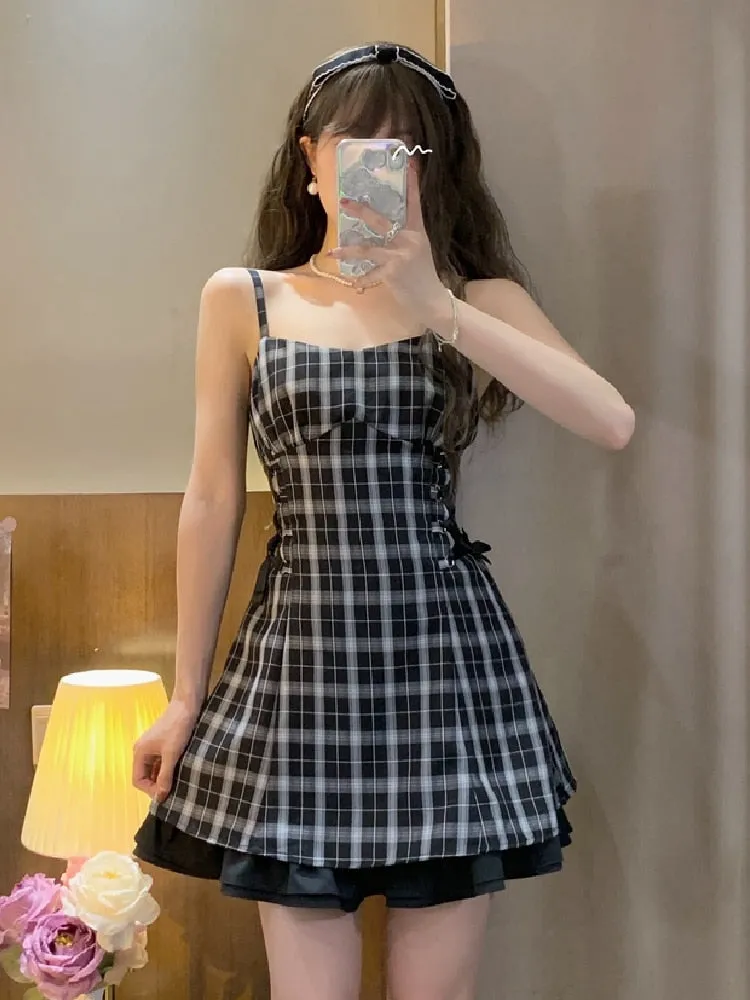 Joskaa hoco dresses Thanksgiving Gift Japanese Harajuku Women Gothic Mini Dress Summer Kawaii Suspenders Plaid Bandage Y2k Dress Vintage Patchwork Slim Girl Sundress