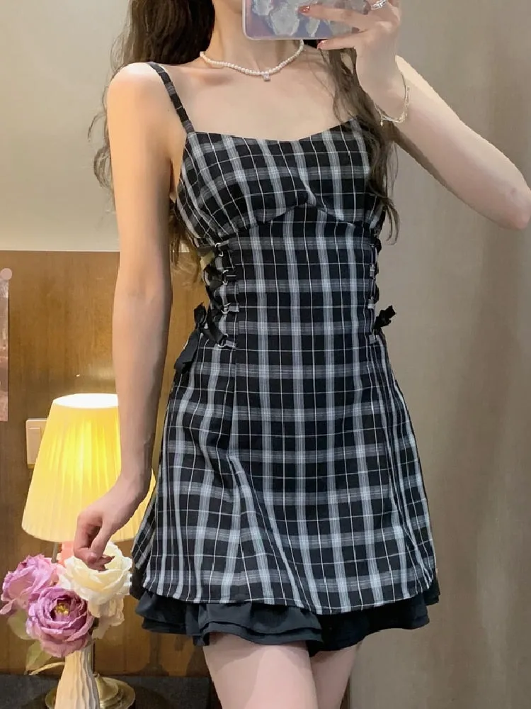 Joskaa hoco dresses Thanksgiving Gift Japanese Harajuku Women Gothic Mini Dress Summer Kawaii Suspenders Plaid Bandage Y2k Dress Vintage Patchwork Slim Girl Sundress