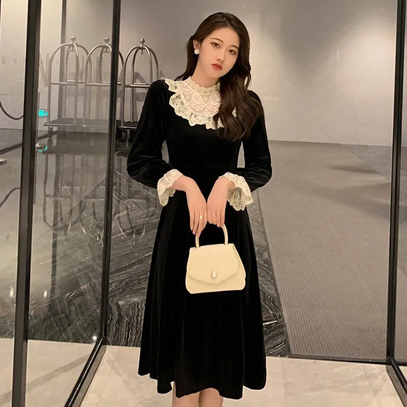 Joskaa Lace Patchwork Velvet Long Dress Women Floral Crochet Long Sleeve Party Dress Black Autumn Winter Midi Dress Elegant French Hoco Dress