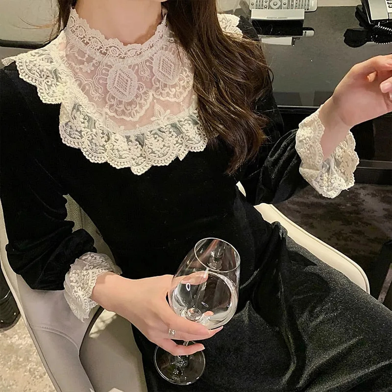 Joskaa Lace Patchwork Velvet Long Dress Women Floral Crochet Long Sleeve Party Dress Black Autumn Winter Midi Dress Elegant French Hoco Dress