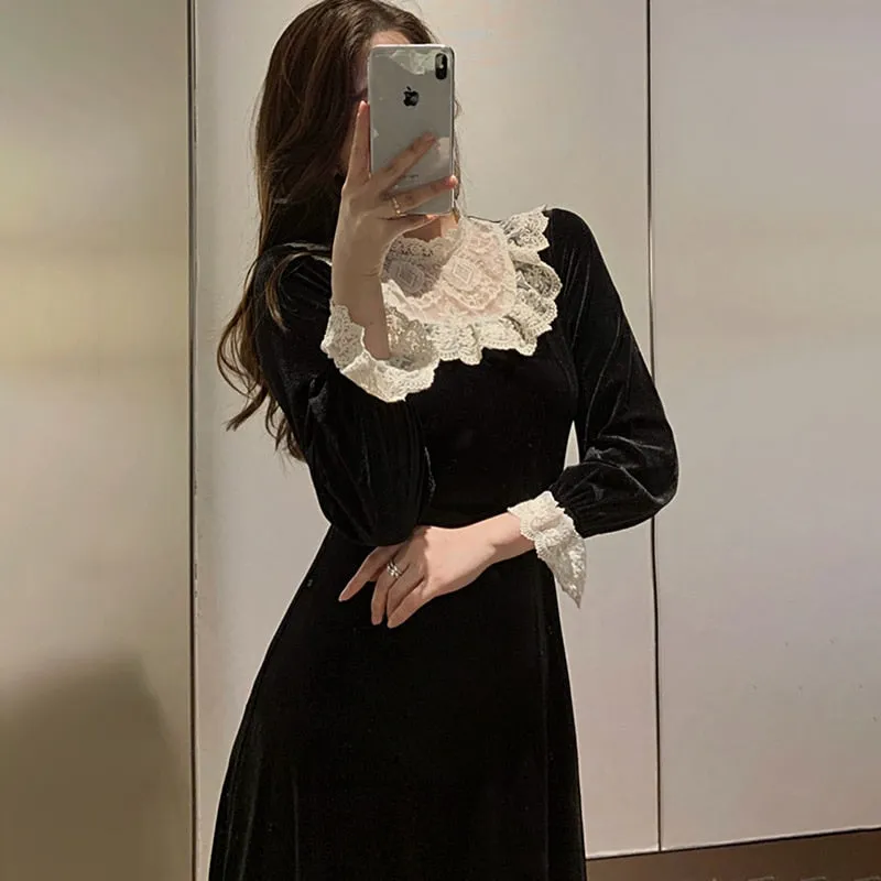 Joskaa Lace Patchwork Velvet Long Dress Women Floral Crochet Long Sleeve Party Dress Black Autumn Winter Midi Dress Elegant French Hoco Dress