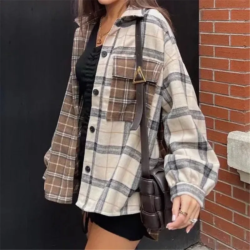 Joskaa Merodi Chic Lady Fashion Patchwork Plaid Print Long Shirt Jackets Autumn Winter Womens Front Pocket Woolen Loose Outwear