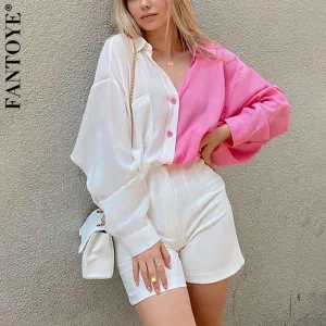 Joskaa Patchwork Turn-down Collar Oversize Women Blouse Pink Long Sleeve Button Loose Fashion Tops Ladies Pocket Casual Outwear