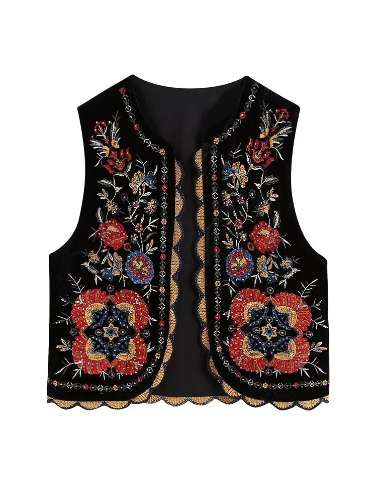 Joskaa Vintage Flower Embroidery Vest Women Spring Autumn Casual Loose Sleeveless Jacket Fashion National Style Patchwork WaistCoat Top