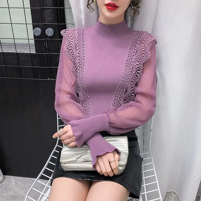 Joskaa Women Lace Patchwork Sweaters Autumn Mesh See Through Long Sleeve Knitted Pullovers Elegant Sexy Mock Neck Slim Jumper Tops