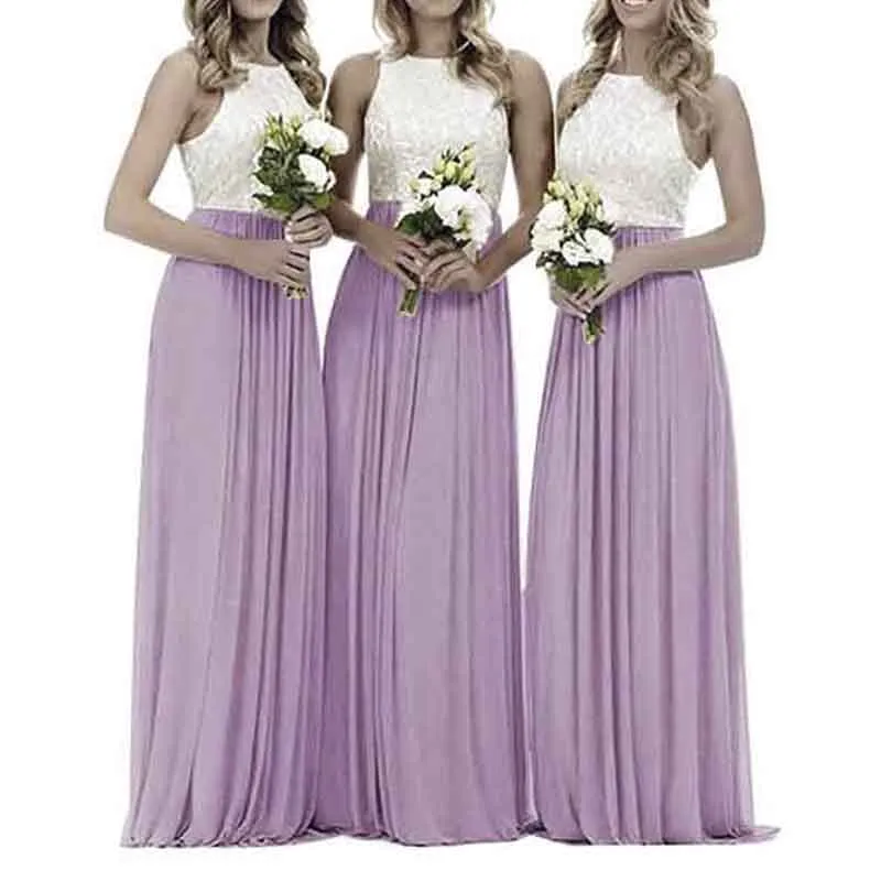 Lace Bridesmaid Dresses Sleeveless Long A Line Chiffon Wedding Guest Dresses