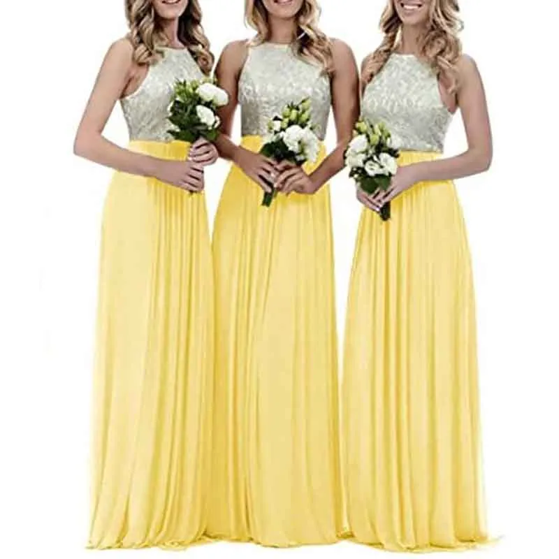 Lace Bridesmaid Dresses Sleeveless Long A Line Chiffon Wedding Guest Dresses