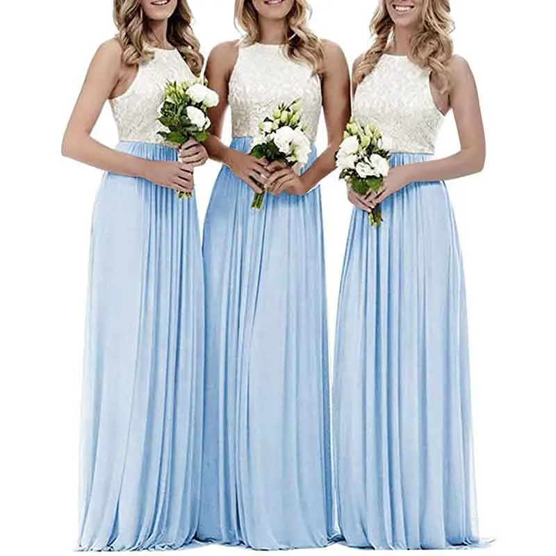 Lace Bridesmaid Dresses Sleeveless Long A Line Chiffon Wedding Guest Dresses