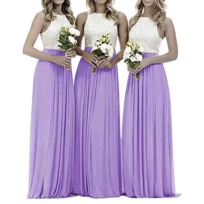 Lace Bridesmaid Dresses Sleeveless Long A Line Chiffon Wedding Guest Dresses