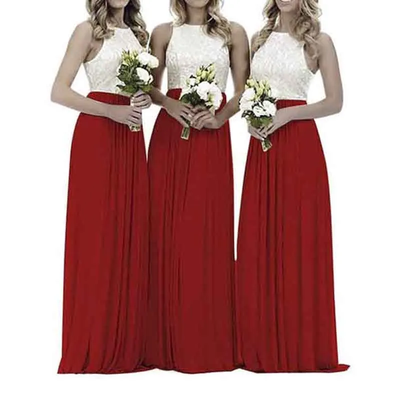 Lace Bridesmaid Dresses Sleeveless Long A Line Chiffon Wedding Guest Dresses