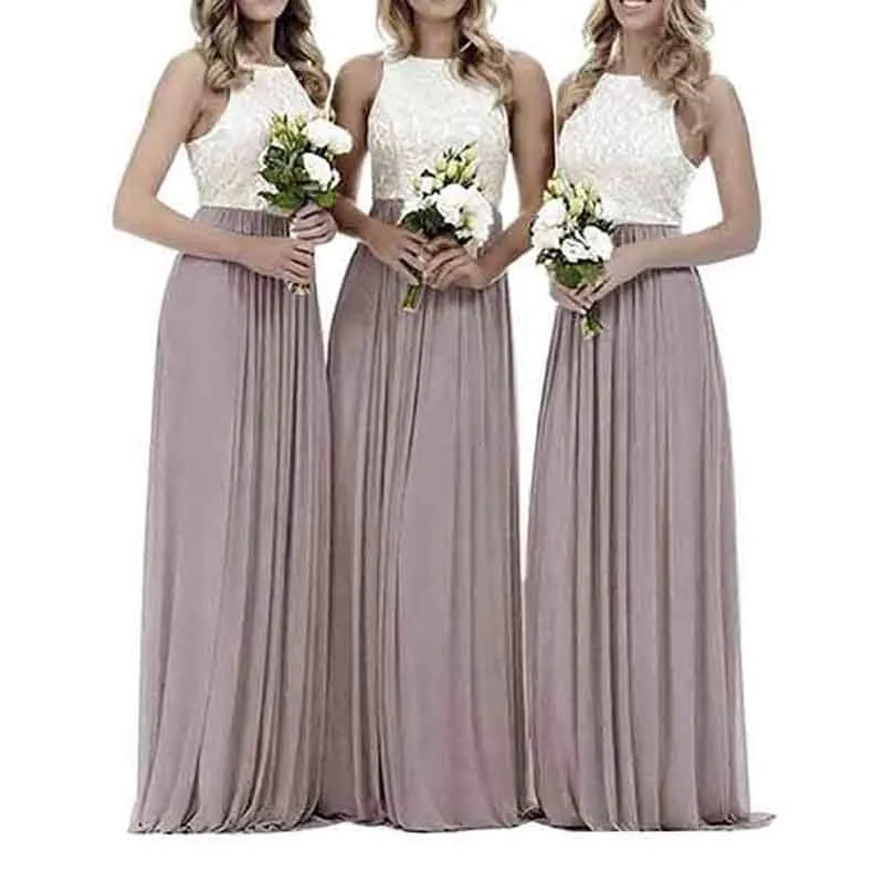 Lace Bridesmaid Dresses Sleeveless Long A Line Chiffon Wedding Guest Dresses