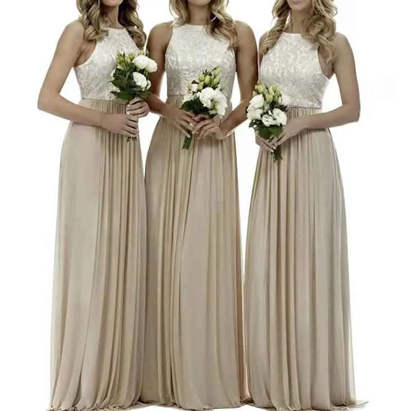 Lace Bridesmaid Dresses Sleeveless Long A Line Chiffon Wedding Guest Dresses