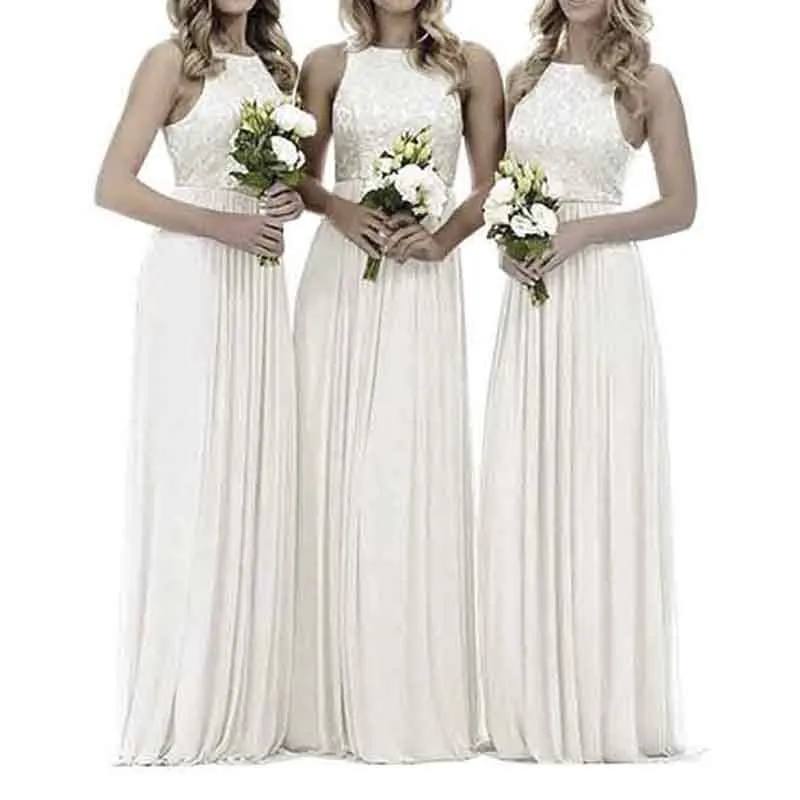 Lace Bridesmaid Dresses Sleeveless Long A Line Chiffon Wedding Guest Dresses