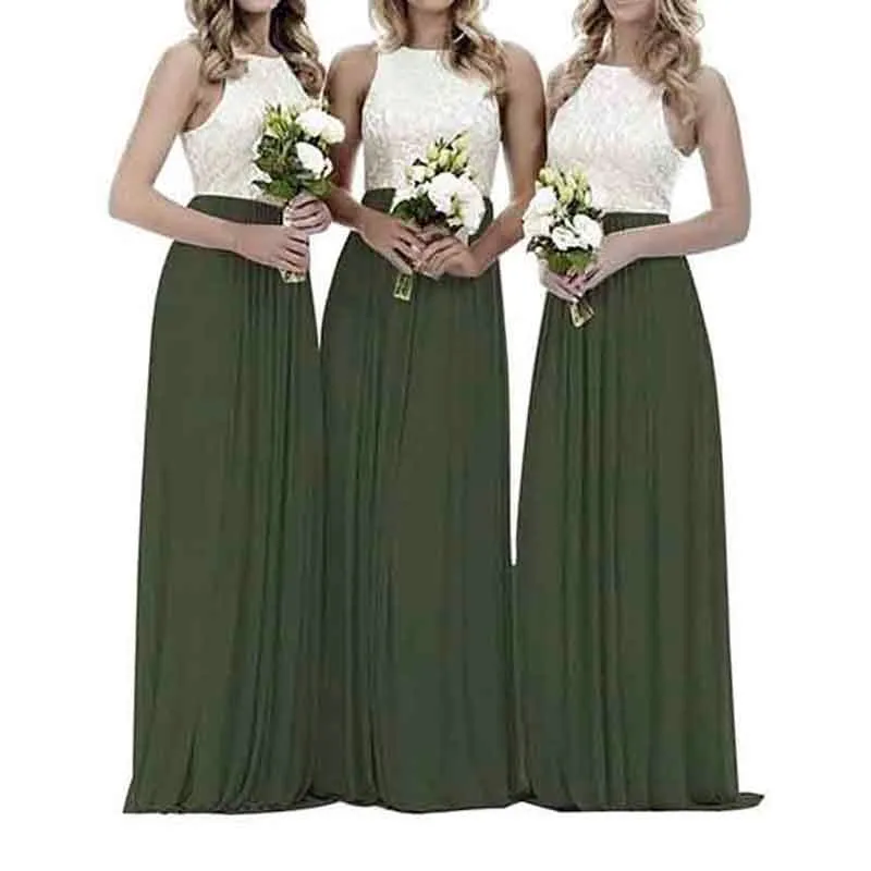 Lace Bridesmaid Dresses Sleeveless Long A Line Chiffon Wedding Guest Dresses