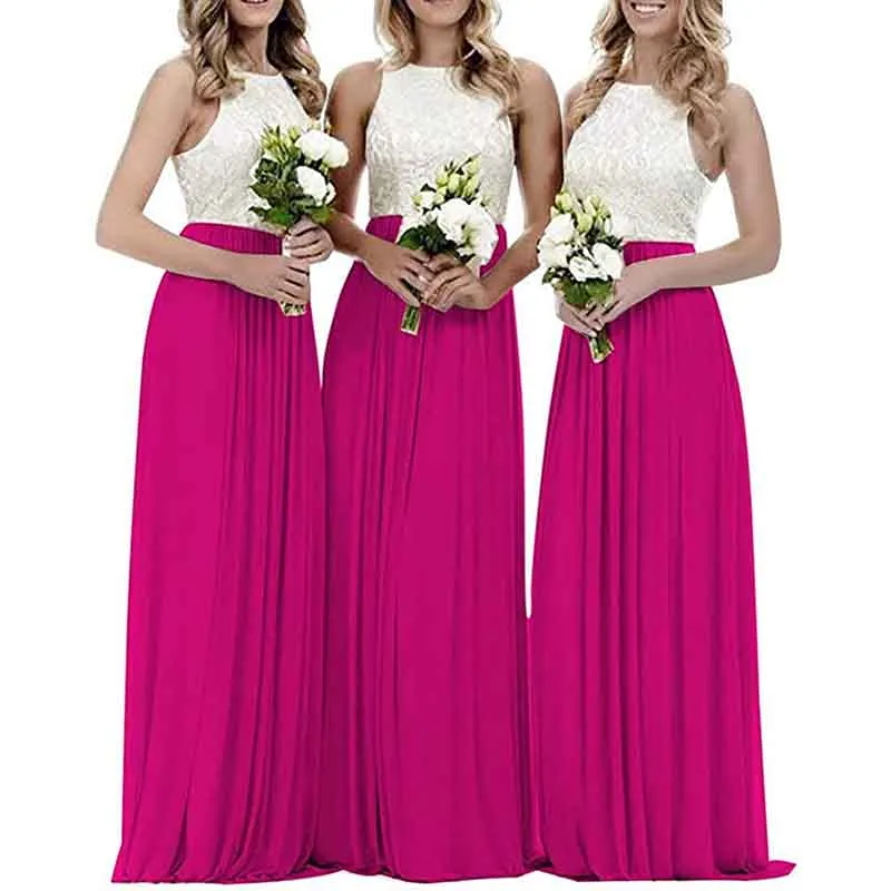 Lace Bridesmaid Dresses Sleeveless Long A Line Chiffon Wedding Guest Dresses