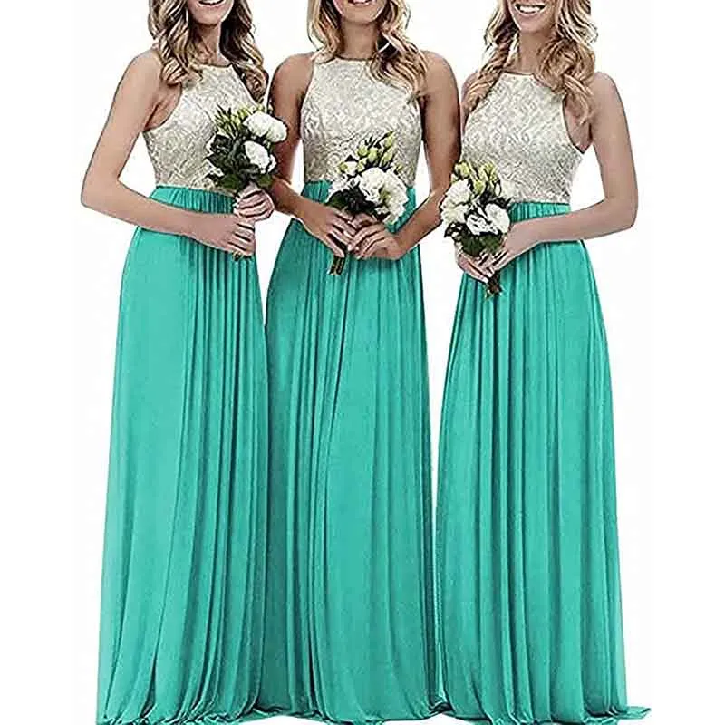 Lace Bridesmaid Dresses Sleeveless Long A Line Chiffon Wedding Guest Dresses