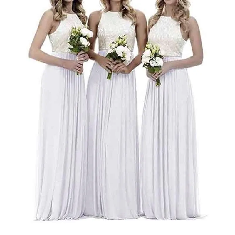 Lace Bridesmaid Dresses Sleeveless Long A Line Chiffon Wedding Guest Dresses