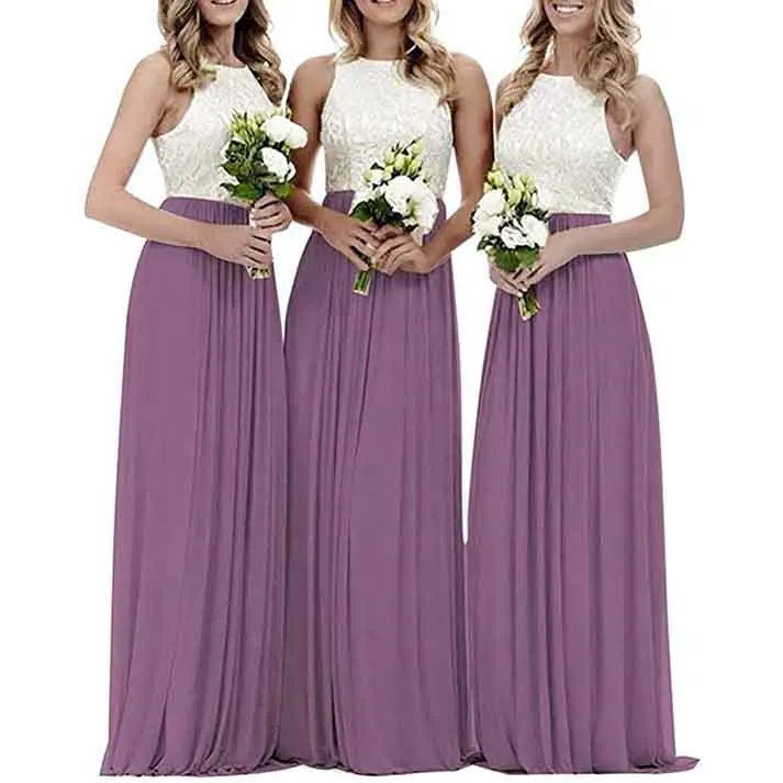 Lace Bridesmaid Dresses Sleeveless Long A Line Chiffon Wedding Guest Dresses