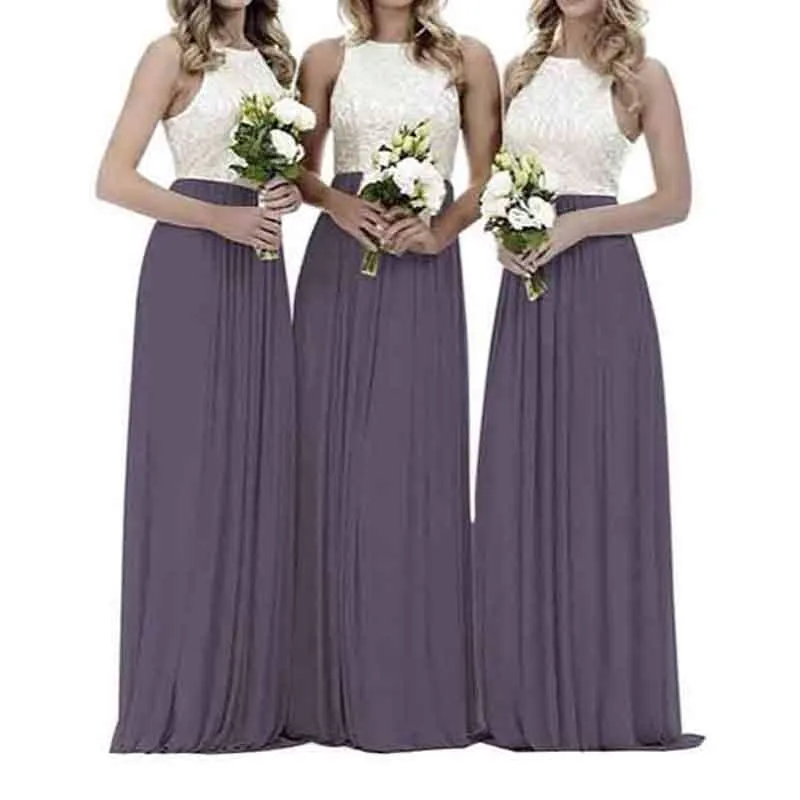 Lace Bridesmaid Dresses Sleeveless Long A Line Chiffon Wedding Guest Dresses