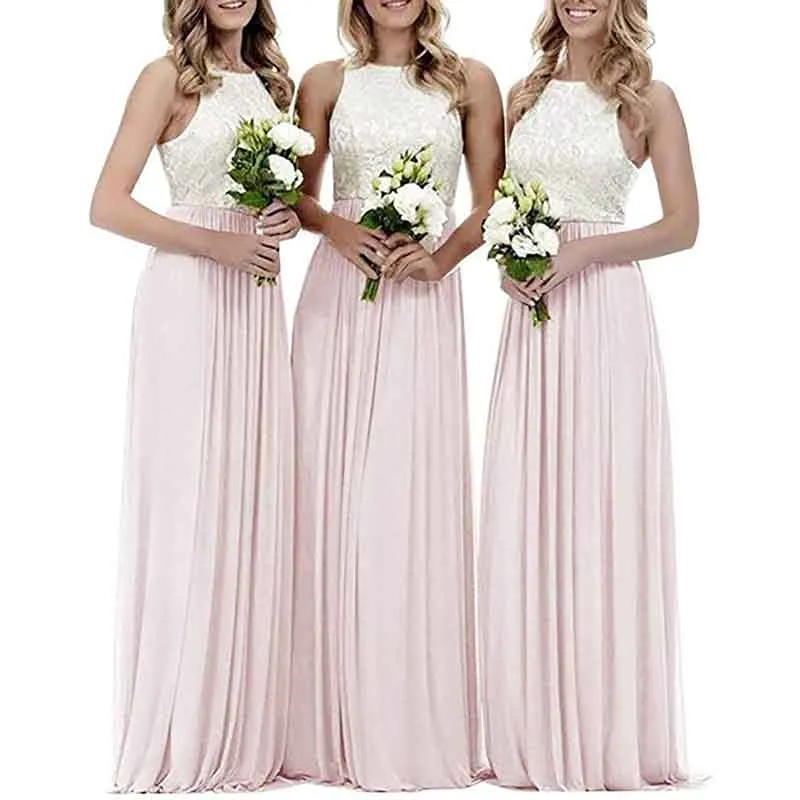 Lace Bridesmaid Dresses Sleeveless Long A Line Chiffon Wedding Guest Dresses