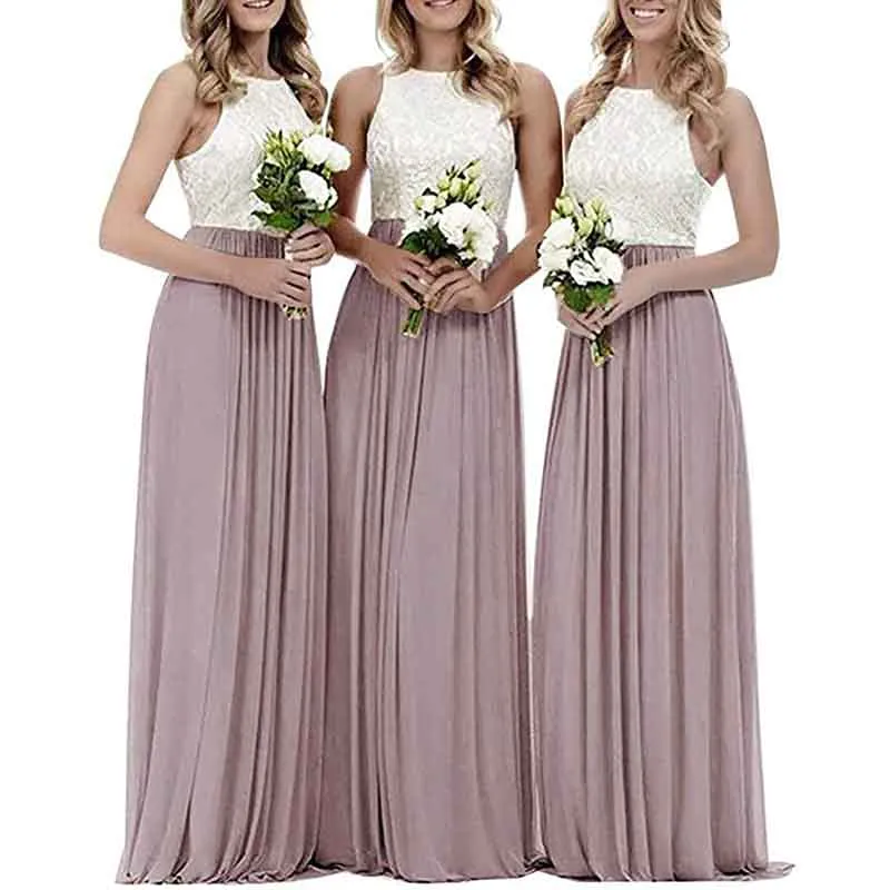 Lace Bridesmaid Dresses Sleeveless Long A Line Chiffon Wedding Guest Dresses