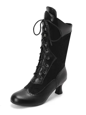 Lace Patchwork Lace-Up Calf-High Boots