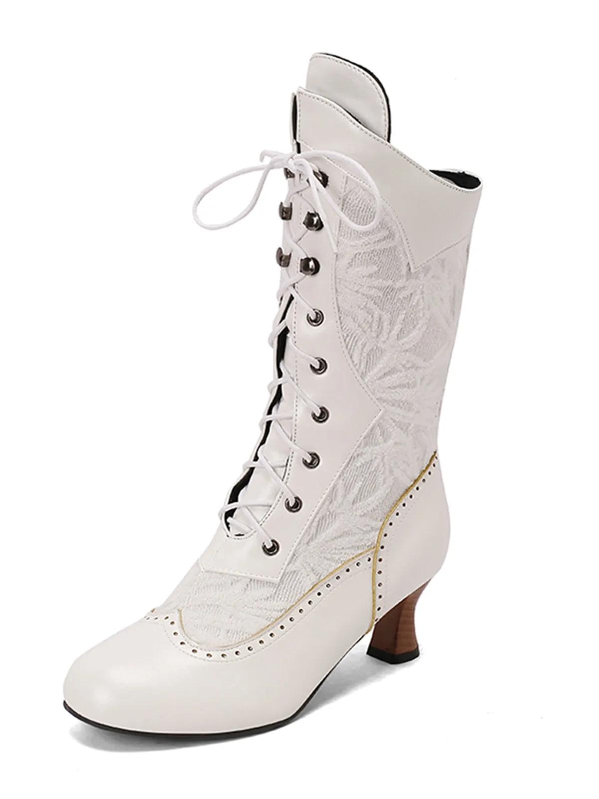 Lace Patchwork Lace-Up Calf-High Boots