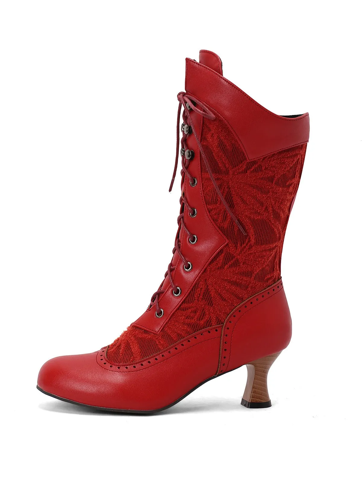 Lace Patchwork Lace-Up Calf-High Boots