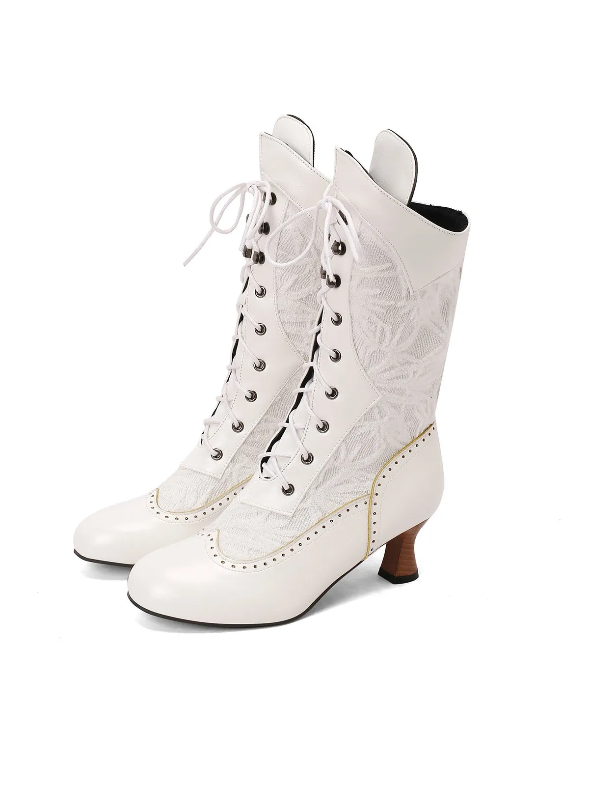 Lace Patchwork Lace-Up Calf-High Boots