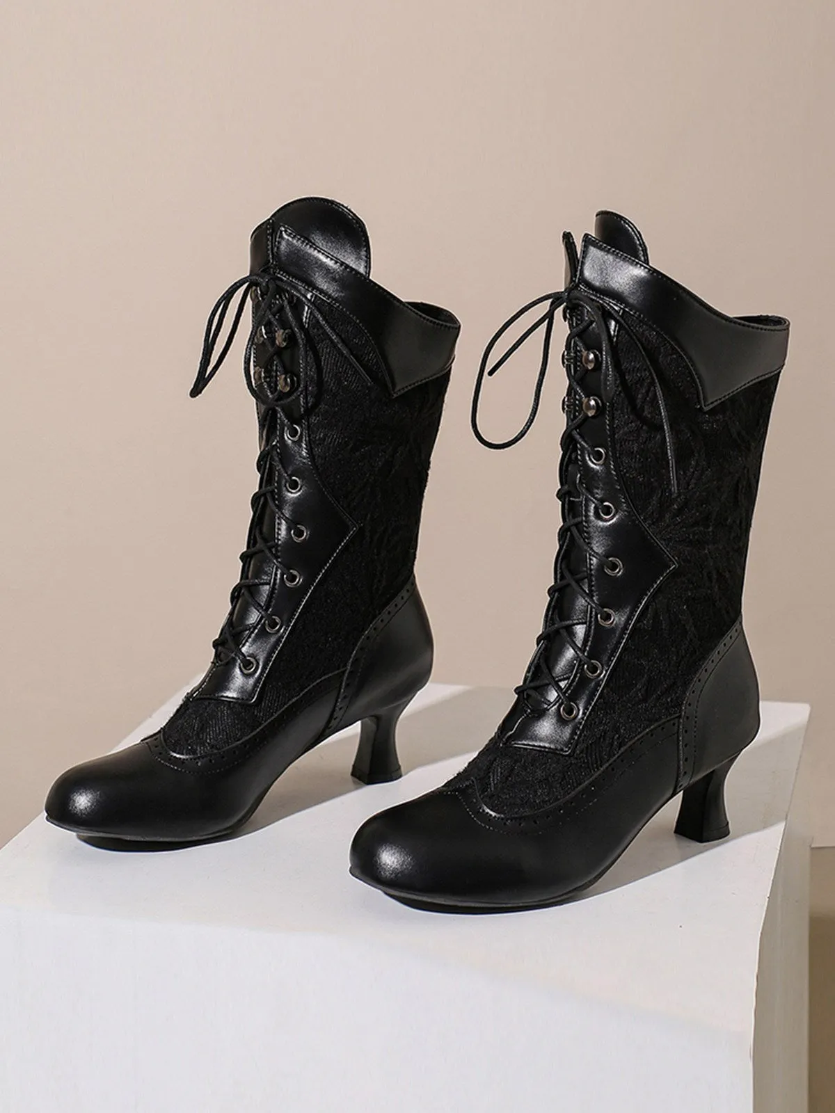 Lace Patchwork Lace-Up Calf-High Boots