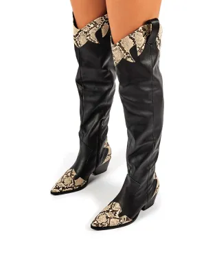 Lasso Black Western BlockHeeled Knee High Boot with Mock Croc