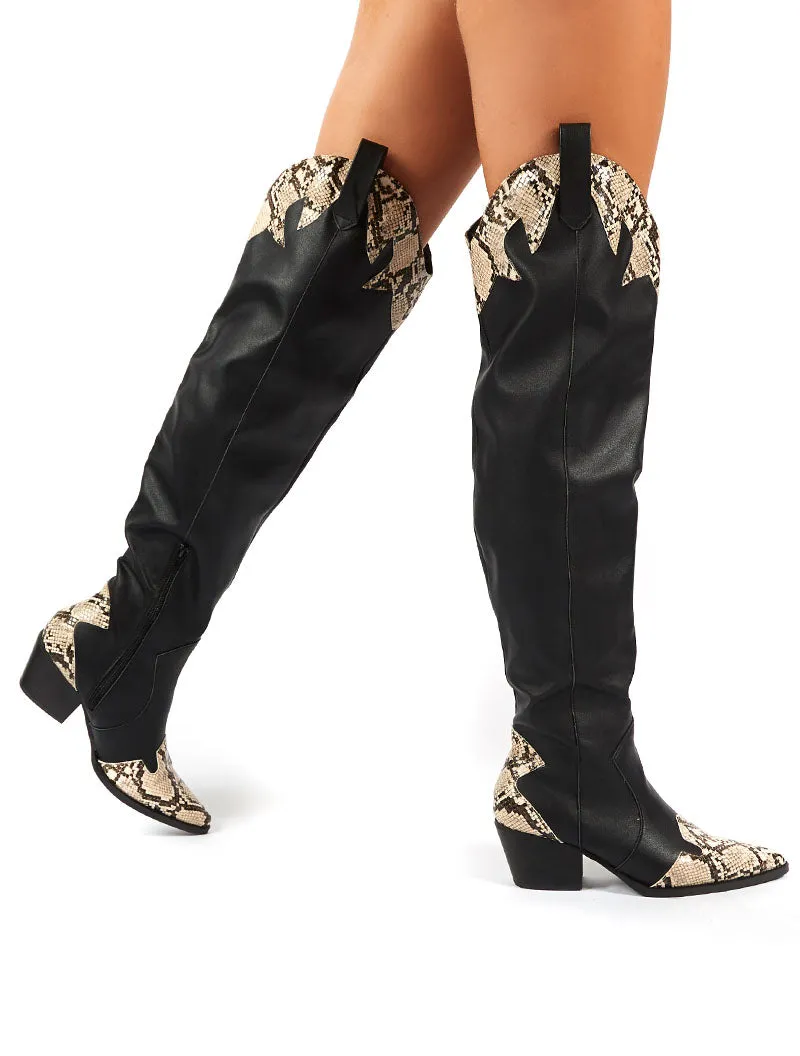 Lasso Black Western BlockHeeled Knee High Boot with Mock Croc