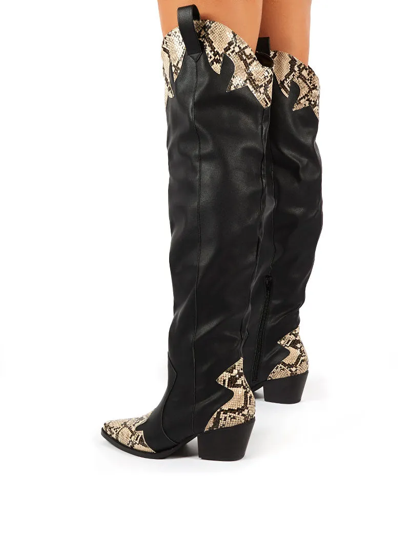 Lasso Black Western BlockHeeled Knee High Boot with Mock Croc