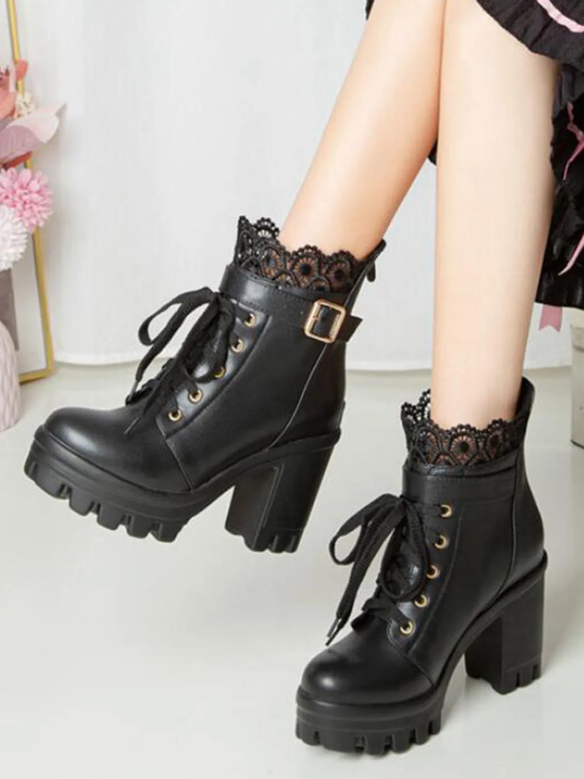 Leather Lace Patchwork High Heel Ankle Boots