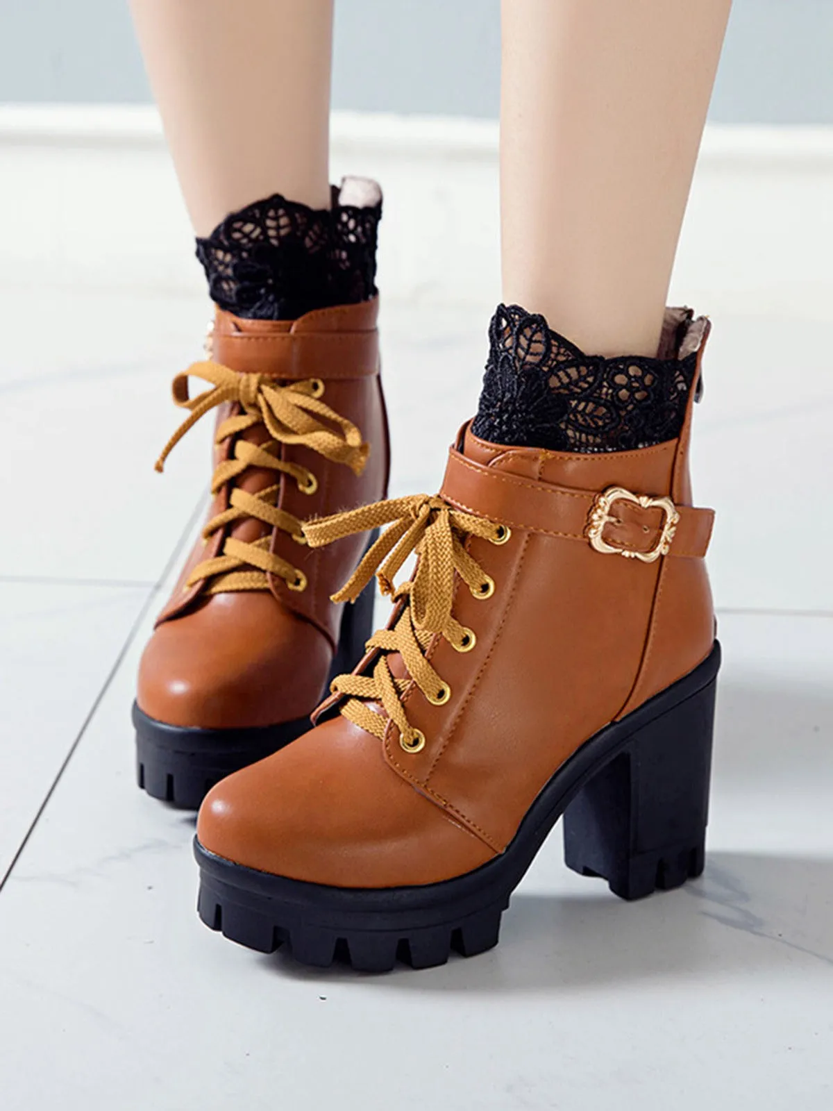 Leather Lace Patchwork High Heel Ankle Boots