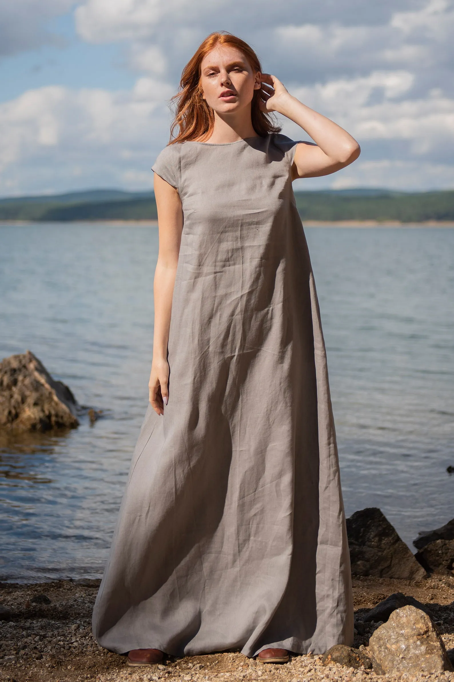 Long Linen Dress with Cap Sleeves