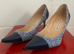 Manolo Blahnik Navy Blue Leather Tweed Fabric Pumps High Heels Capped Toe Sz 8.5