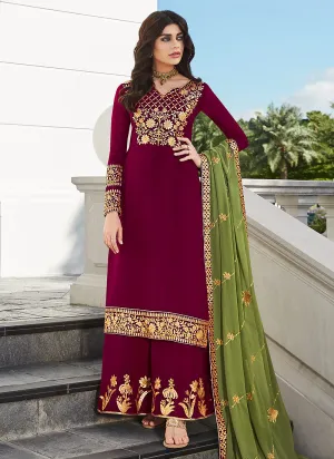 Maroon And Green Embroidered Palazzo Suit