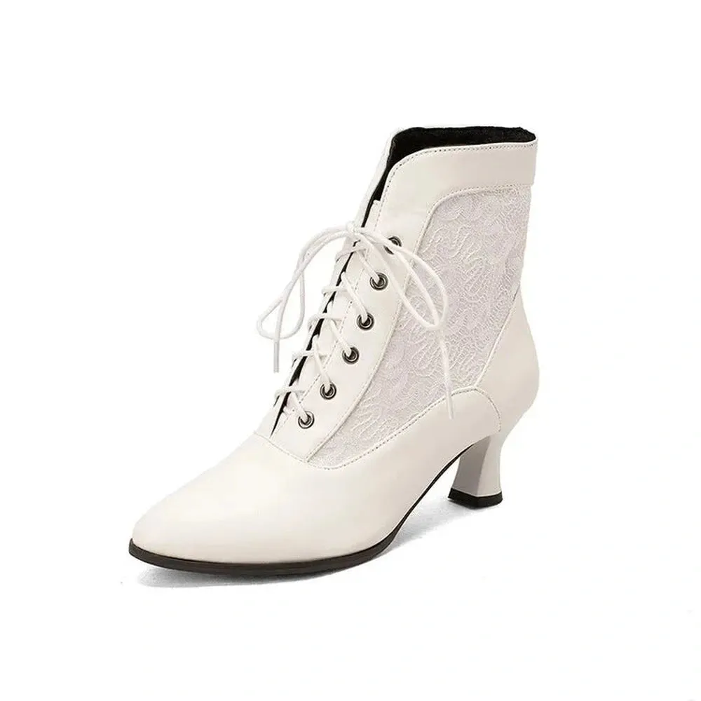 Merendy Torta Pointed toe Kitten Heel lace-up White Victorian Ankle Boots