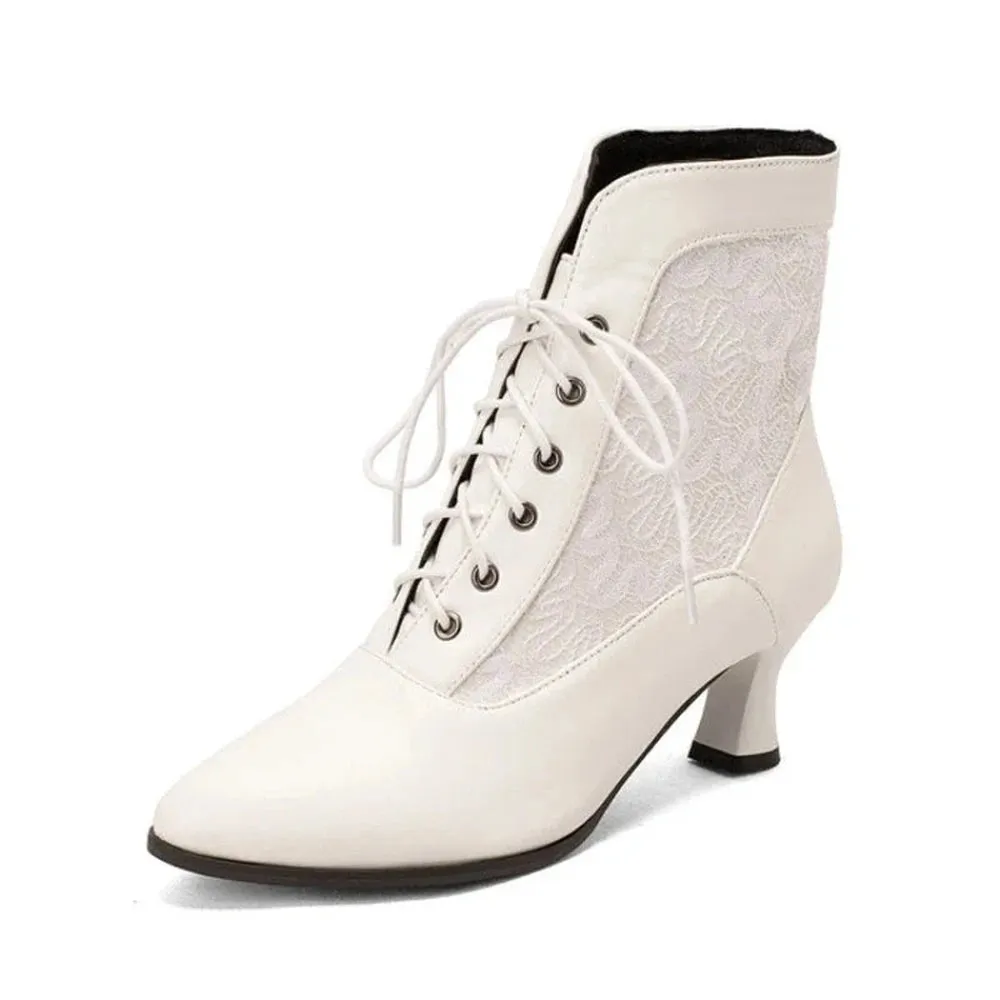 Merendy Torta Pointed toe Kitten Heel lace-up White Victorian Ankle Boots