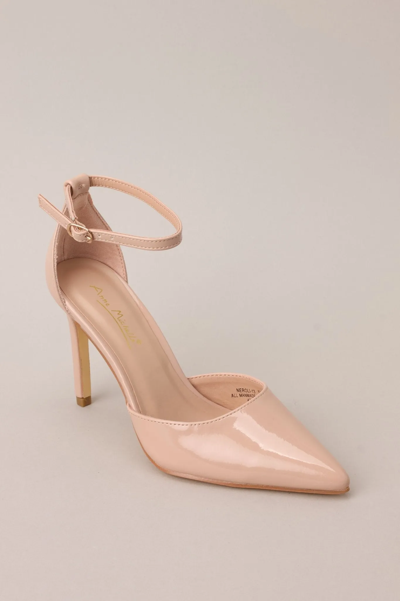 On Point Beige Pointed-Toe Patent Ankle Strap Pumps