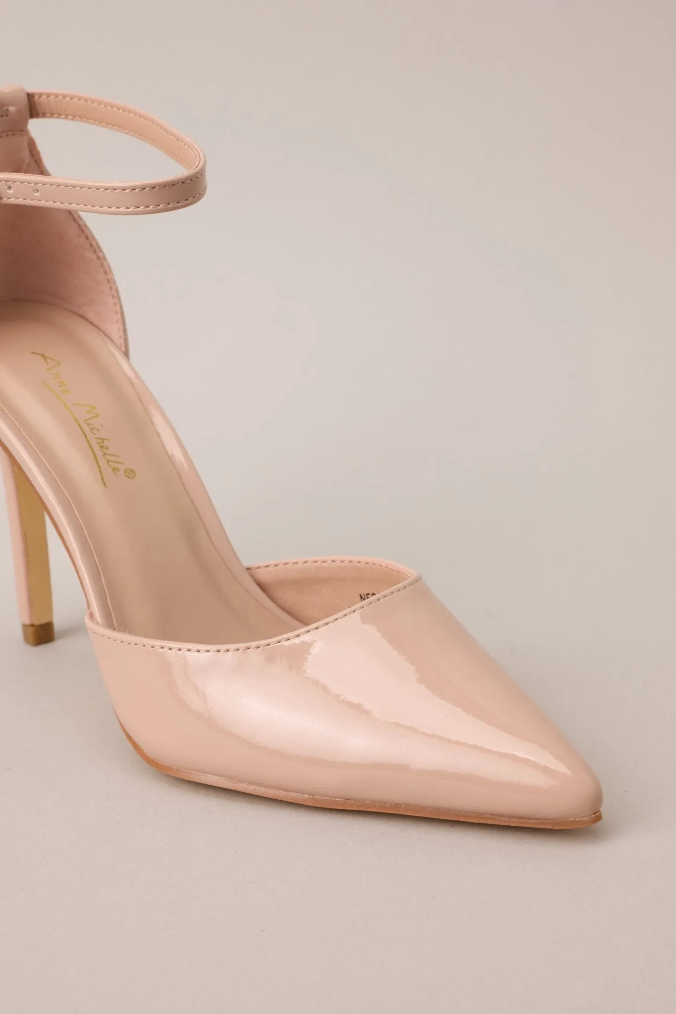 On Point Beige Pointed-Toe Patent Ankle Strap Pumps