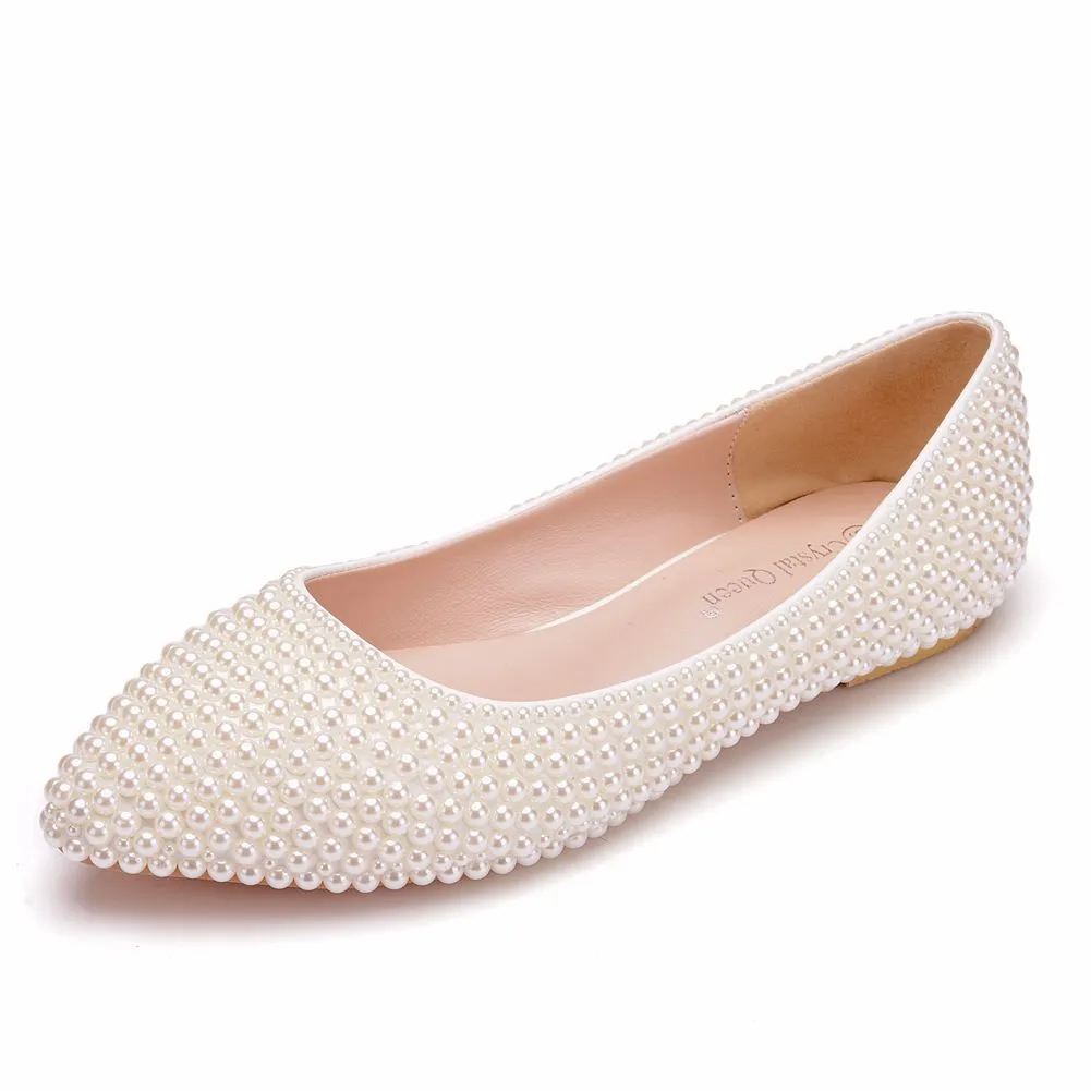 Pearls Flat Wedding Bridal Shoes Pointed Toe Shoes Kitten Heel