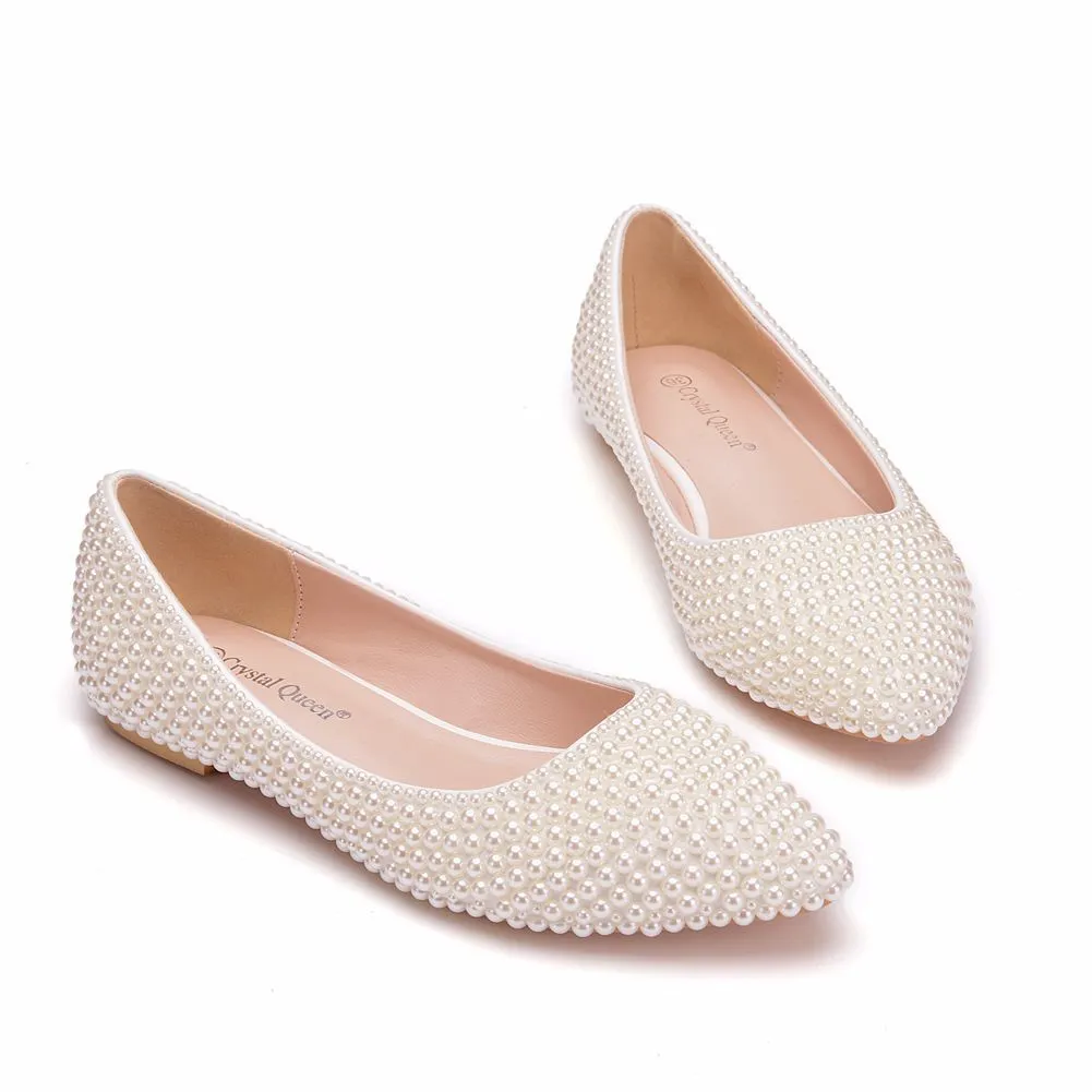 Pearls Flat Wedding Bridal Shoes Pointed Toe Shoes Kitten Heel