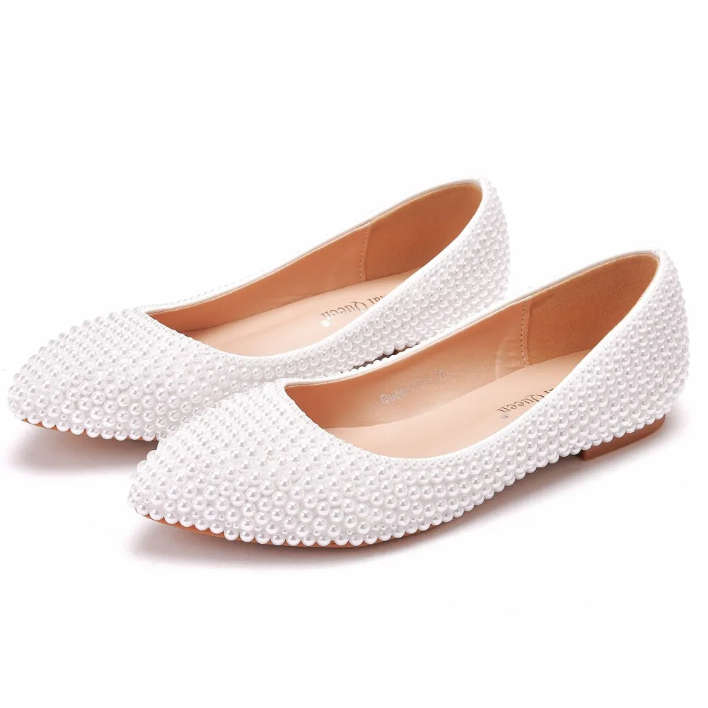 Pearls Flat Wedding Bridal Shoes Pointed Toe Shoes Kitten Heel