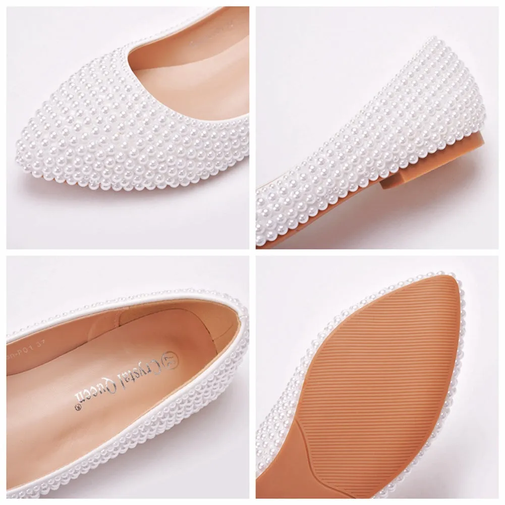 Pearls Flat Wedding Bridal Shoes Pointed Toe Shoes Kitten Heel