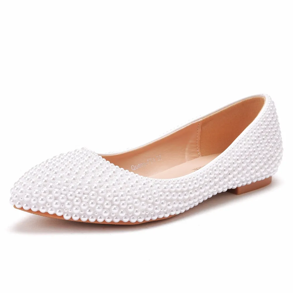 Pearls Flat Wedding Bridal Shoes Pointed Toe Shoes Kitten Heel