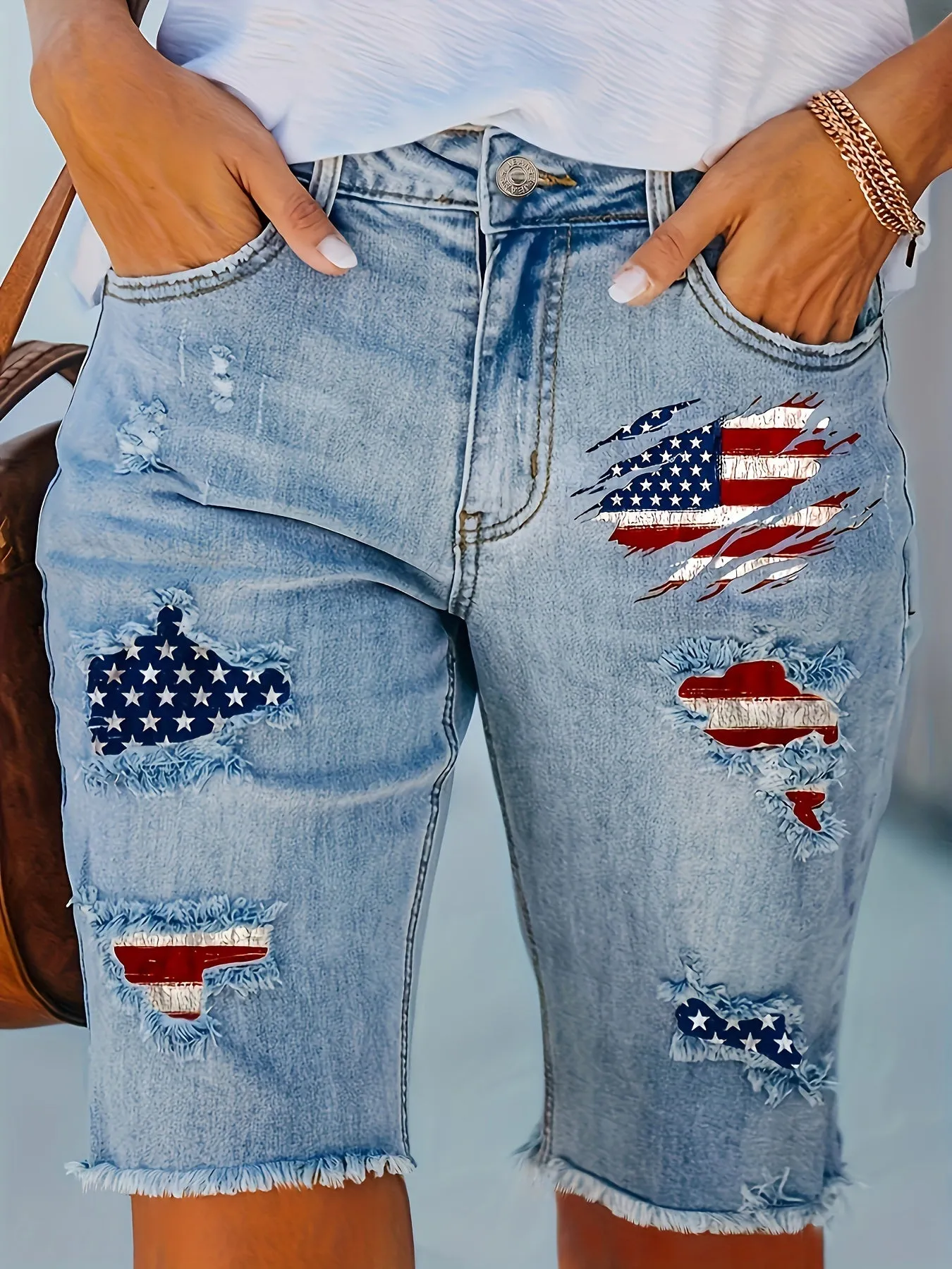 Plus Size Womens High-Waisted Distressed Denim Bermuda Shorts - Flag Patchwork, Frayed Hem, Stretchy Skinny Fit, Zipper Fly Closure, Casual Independence Day 4th of July Fashion - Summer Season, Medium Stretch Fabric, Woven Denim, Random Printing